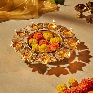Gold Lotus Tealight Urli Bowl: Diwali Wedding Home Decor