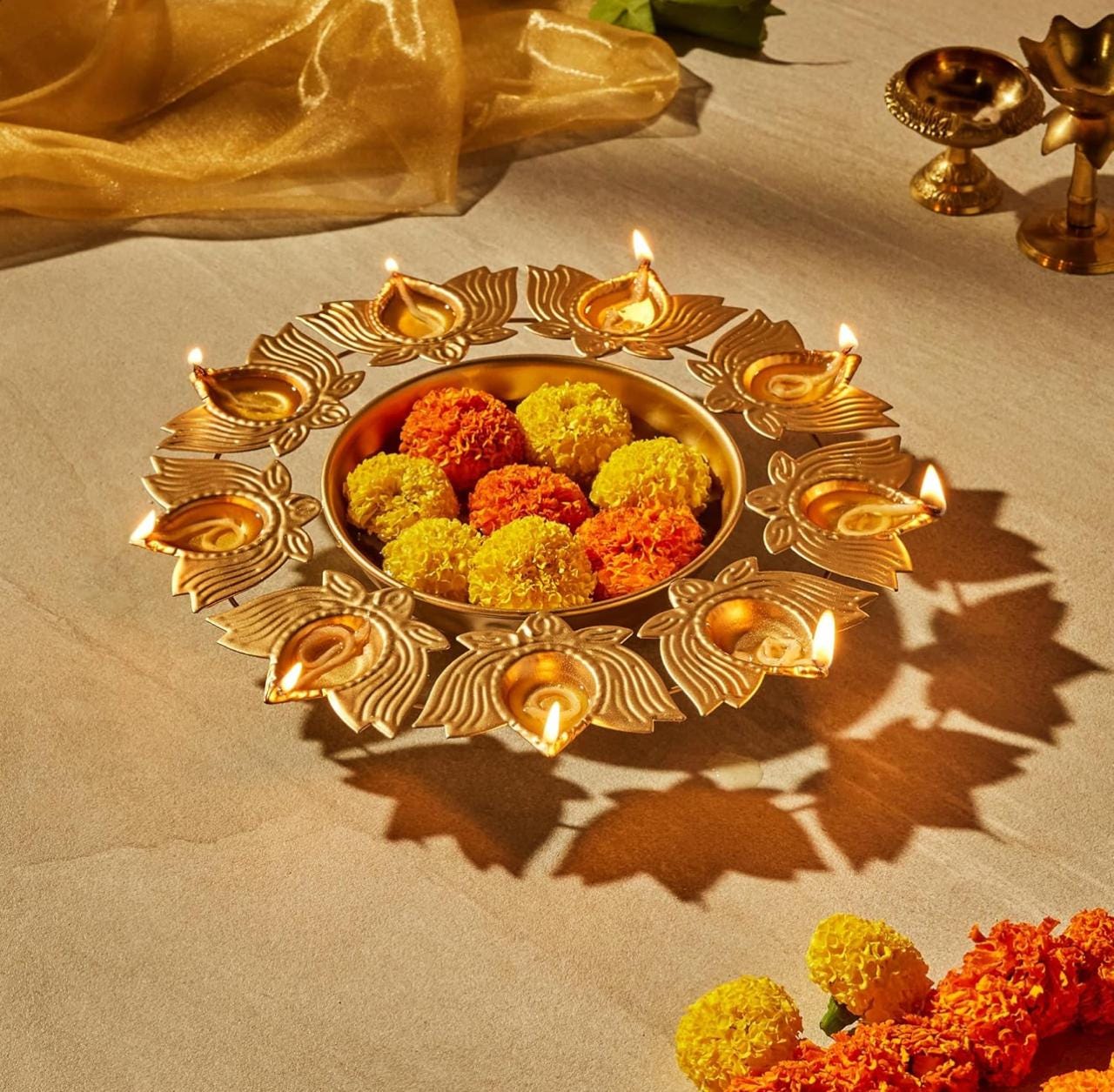 Gold Lotus Tealight Urli Bowl: Diwali Wedding Home Decor