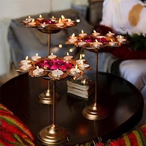 Golden Diya Urli Candle Stand Set: Diwali Christmas Home Decor