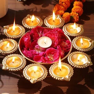 Golden Diwali Diya Urli Set: Handmade Lotus Flower Bowl, 12&quot;