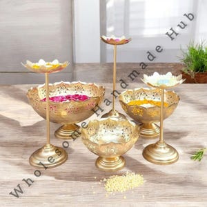 Diwali Decor Urli Set: Gold Iron Bowls with Stands, Indian Wedding Decoration