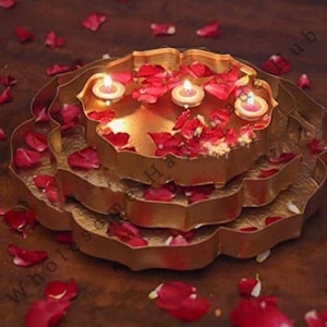 Golden Lotus Urli Bowl Set: Diwali Wedding Decor, Floating Flower Pot