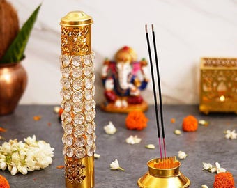 Brass Crystal Incense Holder: Agarbatti Stand with Ash Catcher