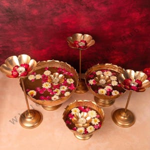 Hammered Gold Taj Urli Bowl Set: Diwali Wedding Decor, Floating Diya & Candle Stands