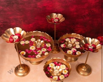 Hammered Gold Taj Urli Bowl Set: Diwali Wedding Decor, Floating Diya & Candle Stands