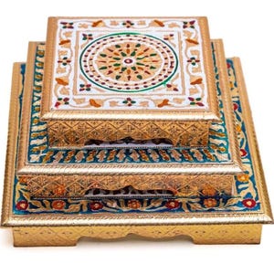 Meenakari Wooden Puja Chowki Set: Floral Design Bajot - Indian Pooja Decor