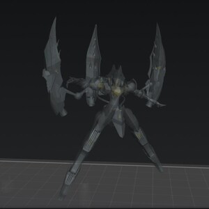 May include: A gray, angular robot with large wing-like structures extending from its back. The robot has a humanoid form with articulated limbs and a detailed, mechanical design. The background is a dark gray, grid-like pattern.