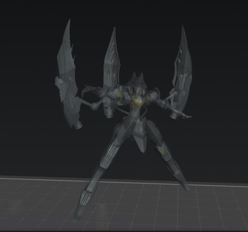May include: A gray, angular robot with large wing-like structures extending from its back. The robot has a humanoid form with articulated limbs and a detailed, mechanical design. The background is a dark gray, grid-like pattern.