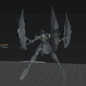 May include: A gray, mechanical figure with large, wing-like structures extending from its back. The figure has a humanoid form with articulated limbs and a shield-like element. The design suggests a futuristic or science fiction theme.