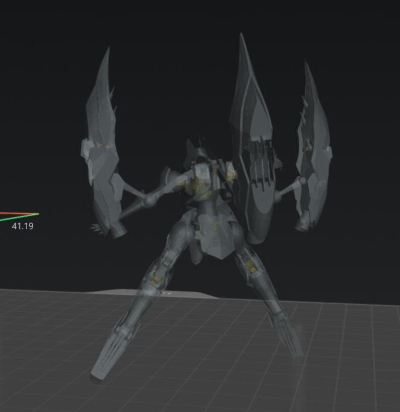 May include: A gray, mechanical figure with large, wing-like structures extending from its back. The figure has a humanoid form with articulated limbs and a shield-like element. The design suggests a futuristic or science fiction theme.