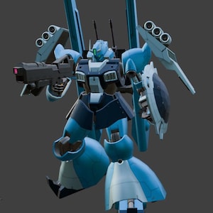 May include: A light blue and navy blue robot with a large gun and shield. The robot has multiple missile launchers and antennas. The robot is a 3D render.