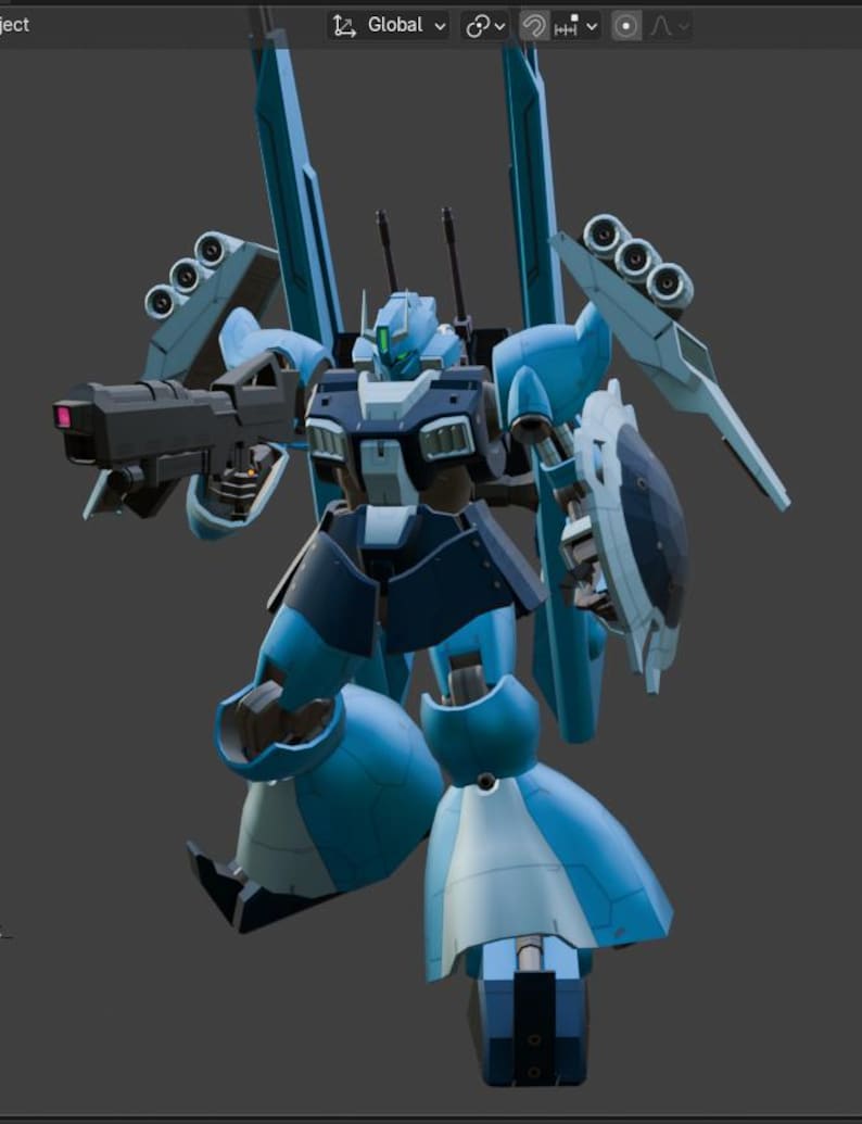 May include: A light blue and navy blue robot with a large gun and shield. The robot has multiple missile launchers and antennas. The robot is a 3D render.