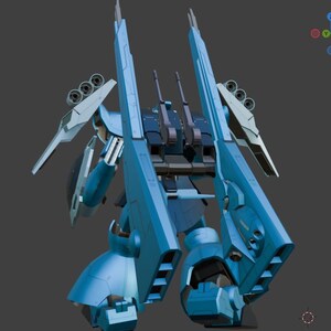 May include: A light blue robotic figure with large, angular components. The design features multiple gun barrels, missile pods, and a complex mechanical structure. The robot has a futuristic aesthetic, with a focus on sharp lines and a sleek appearance.