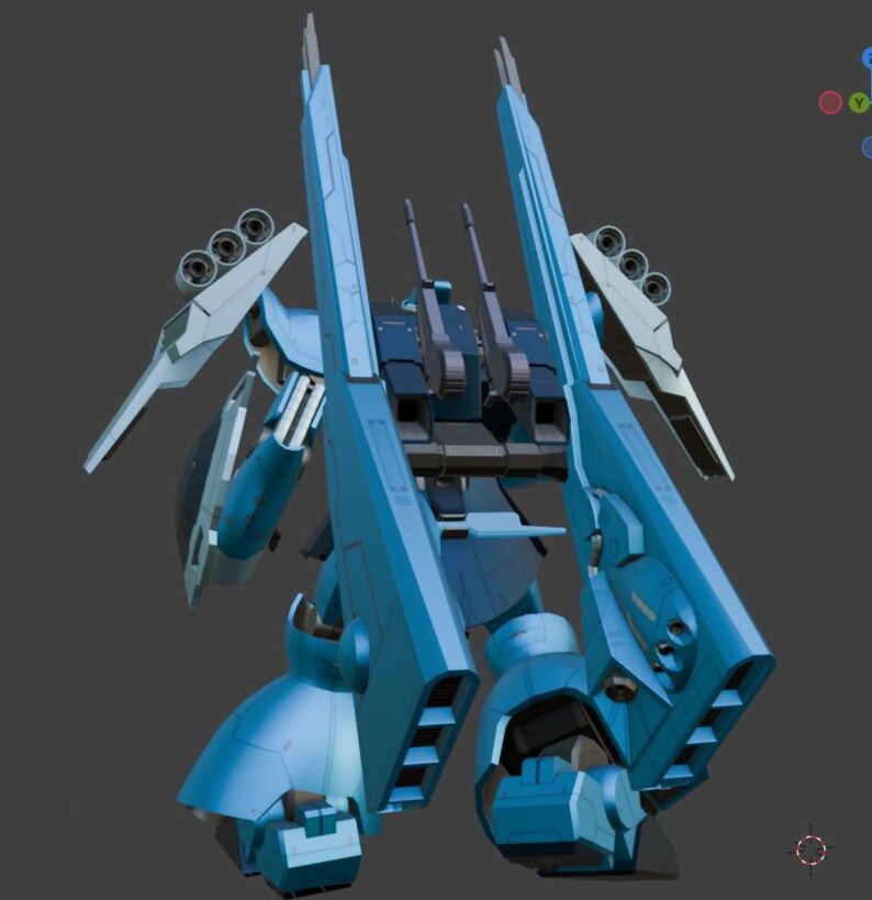 May include: A light blue robotic figure with large, angular components. The design features multiple gun barrels, missile pods, and a complex mechanical structure. The robot has a futuristic aesthetic, with a focus on sharp lines and a sleek appearance.