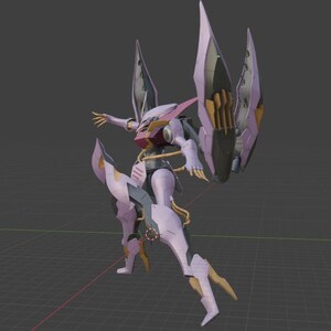 May include: A 3D-rendered model of a futuristic robot with a light purple and gold color scheme. The robot has large wing-like structures on its back and intricate mechanical details. It is posed in a dynamic, action-oriented stance, suggesting movement.