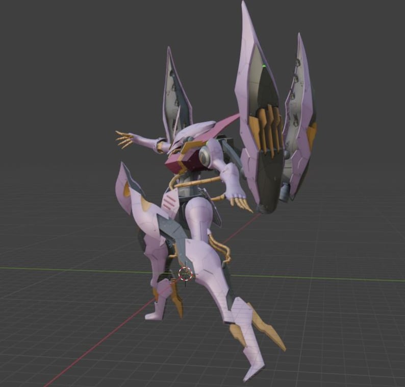 May include: A 3D-rendered model of a futuristic robot with a light purple and gold color scheme. The robot has large wing-like structures on its back and intricate mechanical details. It is posed in a dynamic, action-oriented stance, suggesting movement.