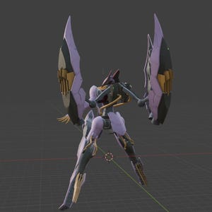 May include: A detailed rendering of a futuristic robot with a sleek design. The robot features a color scheme of lavender, gold, and dark gray. It has large, wing-like structures extending from its back, and intricate mechanical details.