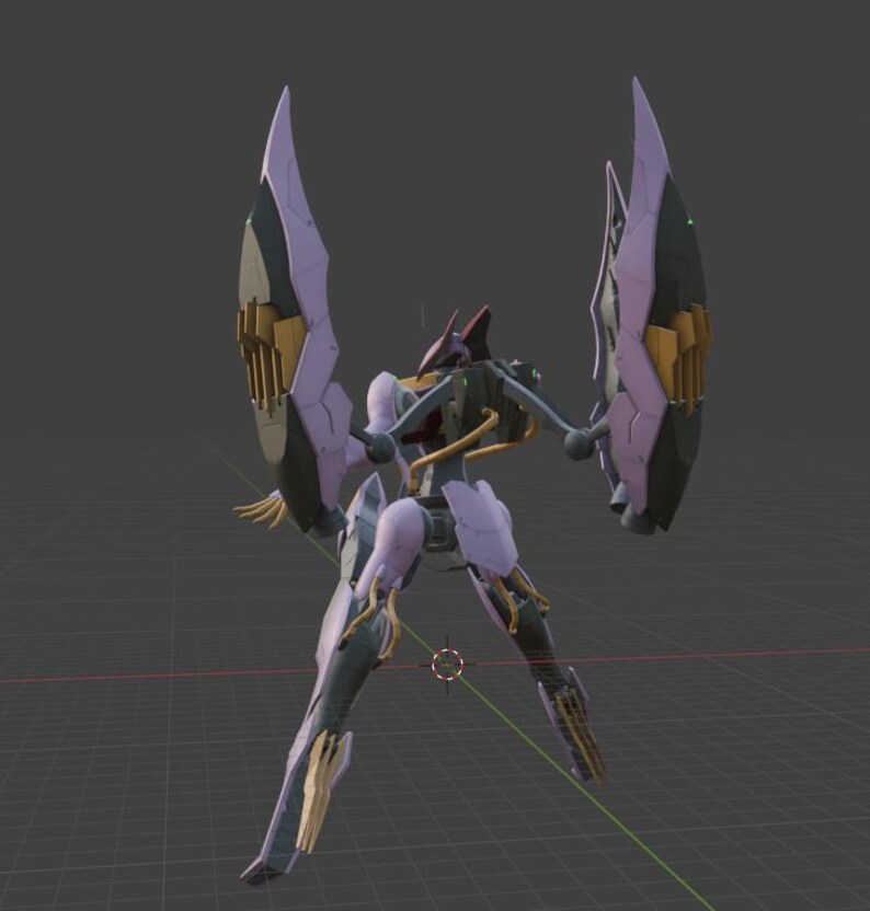 May include: A detailed rendering of a futuristic robot with a sleek design. The robot features a color scheme of lavender, gold, and dark gray. It has large, wing-like structures extending from its back, and intricate mechanical details.