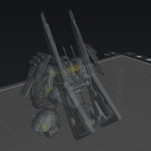 May include: A gray and yellow robotic figure with two large, vertical structures extending upwards. The robot has a detailed design with visible mechanical components. The background is a dark gray, providing contrast to the robot's form.