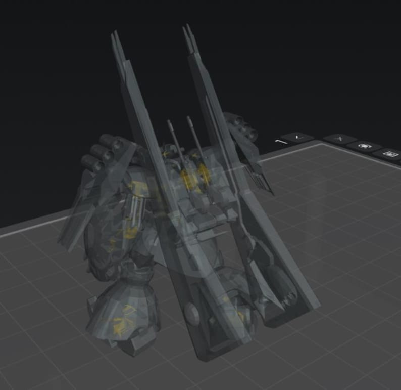 May include: A gray and yellow robotic figure with two large, vertical structures extending upwards. The robot has a detailed design with visible mechanical components. The background is a dark gray, providing contrast to the robot's form.