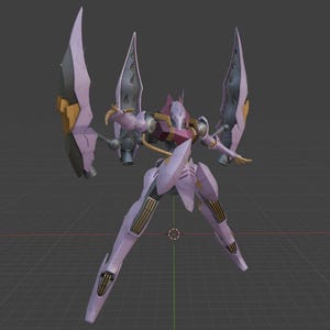 May include: A detailed rendering of a lavender and gold mecha robot with large wing-like structures on its back. The robot has a sleek, angular design with intricate details, including gold accents and a red chest plate. It stands in a dynamic pose against a grid background.