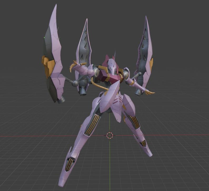 May include: A detailed rendering of a lavender and gold mecha robot with large wing-like structures on its back. The robot has a sleek, angular design with intricate details, including gold accents and a red chest plate. It stands in a dynamic pose against a grid background.