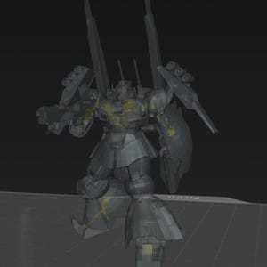 May include: A gray and yellow robotic figure with large shoulder-mounted weapons, a shield, and two tall vertical structures on its back. The robot is standing on a grid-like surface.