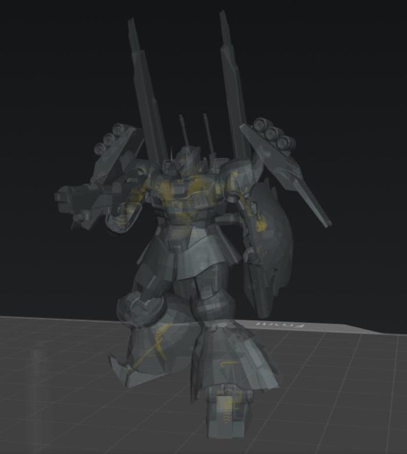 May include: A gray and yellow robotic figure with large shoulder-mounted weapons, a shield, and two tall vertical structures on its back. The robot is standing on a grid-like surface.