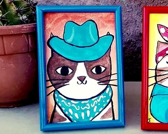 Tom the cowboy Cat: Funny Cat Portrait Painting, watercolor art