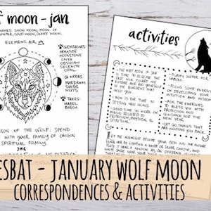 Könnte beinhalten: Ein druckbares Arbeitsblatt mit Schwarzweißillustrationen eines Wolfes und Mondphasen. Der Text auf der Seite lautet "Wolf Moon - Jan" und enthält Informationen über den Vollmond im Januar, einschließlich Korrespondenzen, Aktivitäten und Gottheiten, die mit dem Mond verbunden sind.
