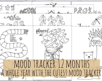Mood Trackers 12 months pack! Journal Printable in pdf and jpg, 3 sizes