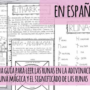 May include: A black and white guide to reading runes for divination. The guide includes a chart of the runes with their names and symbols, as well as instructions on how to use them for divination. The text is in Spanish and includes the phrase "Una guía para leer las runas en la adivinación" which translates to "A guide to reading runes in divination".