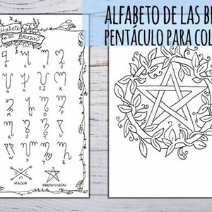 May include: A printable coloring page featuring a pentagram surrounded by a wreath of leaves and the text "ALFABETO DE LAS BRUJAS PENT&Aacute;CULO PARA COLOREAR".