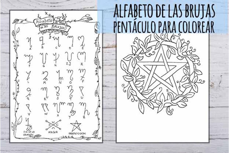 May include: A printable coloring page featuring a pentagram surrounded by a wreath of leaves and the text "ALFABETO DE LAS BRUJAS PENT&Aacute;CULO PARA COLOREAR".