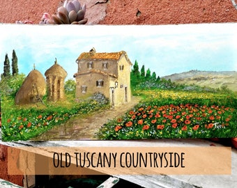 Painting on wooden board, original fine art by Maestro Luciano Torsi, "Old Tuscany Countryside" 2008