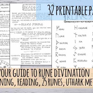 May include: A printable guide to rune divination using the Uthark method. The guide includes 32 pages with 25 runes, their meanings, and how to read them. The guide also includes a visual representation of each rune.