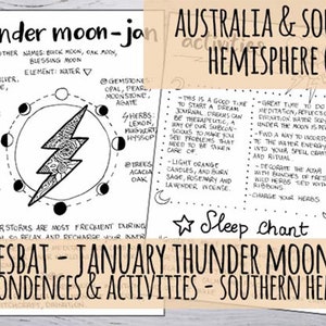 Puede incluir: Una guía imprimible para la Luna de Trueno de enero, también conocida como la Luna del Ciervo, la Luna del Roble o la Luna de la Bendición. La guía incluye información sobre las correspondencias, actividades y rituales de la luna para el hemisferio sur. Presenta una ilustración en blanco y negro de un rayo con fases lunares.