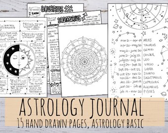 Diario de Astrología Imprimible: Signos del Zodíaco y Cartas Astrológicas Dibujadas a Mano (Descarga en PDF, 3 Tamaños)