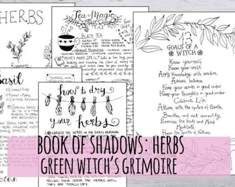 May include: A black and white illustrated book of shadows for herbalism and witchcraft. The cover features the text "Book of Shadows: Herbs Green Witch's Grimoire".