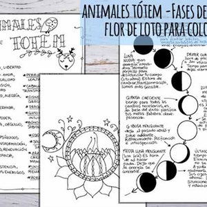 May include: A black and white coloring page featuring a lotus flower with a crescent moon inside. The page includes text in Spanish about animal totems and the phases of the moon.