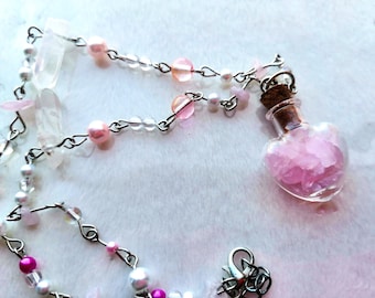 Necklace with heart mini jar filled with rose quartz chips and clear crystal