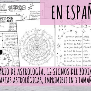 In Spanish: Astrology Journal, astrology for beginners - 12 signs and 3 astro cards, Printable in 3 sizes