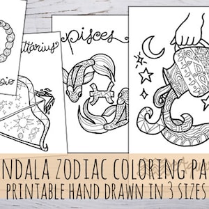 Mandala Zodiac Coloring Pages – Printable | 12 Signs | 3 Sizes | Hand ...