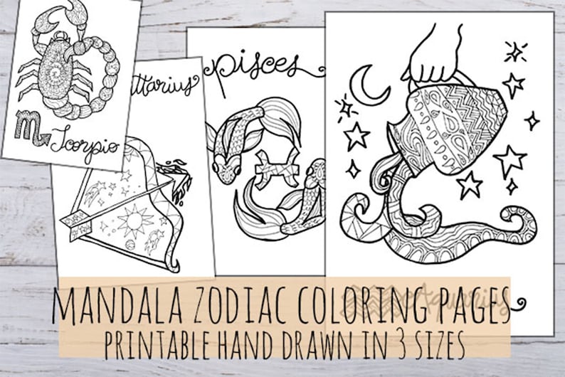 Mandala Zodiac Coloring Pages Printable in 3 Sizes | Etsy