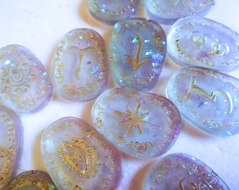 Resin Witches Rune Set, 13 runes, Translucent holographic, with purple glitter