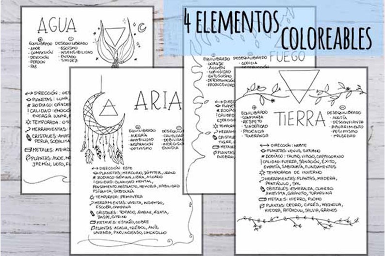 May include: Four black and white printable coloring pages featuring the four elements: water, air, fire, and earth. Each page includes a symbol, a list of keywords, and a description of the element's characteristics.