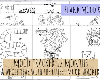 May include: A black and white printable mood tracker with 12 monthly pages. Each page features a different illustration and the month's name. The text "BLANK MOOD KEY" and "MOOD TRACKER 12 MONTHS" is included.  A whole year with the cutest mood tracker.