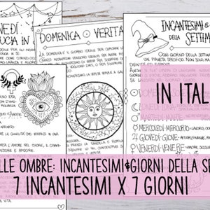 Puede incluir: Un libro de sombras imprimible en blanco y negro con 7 encantamientos para cada día de la semana. El libro incluye ilustraciones de un corazón, el sol, la luna y un sombrero de bruja. El texto está en italiano y dice "Libro delle Ombre: Incantesimi & Giorni della Settimana 7 Incantesimi x 7 Giorni".