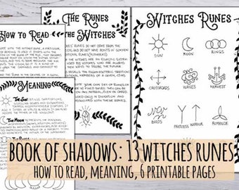 Puede incluir: Un libro de sombras imprimible con 13 runas de brujas. El libro incluye instrucciones sobre cómo leer las runas, sus significados y 6 páginas imprimibles. El libro tiene un diseño en blanco y negro con un borde floral.