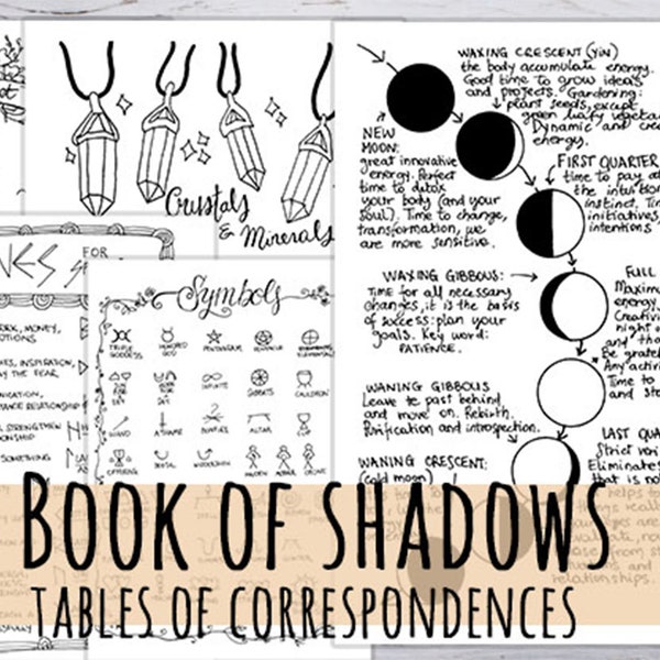 Book of Shadows Tables of correspondences for magical rituals, 16 pages Printable Witch Journal hand drawn in 3 sizes